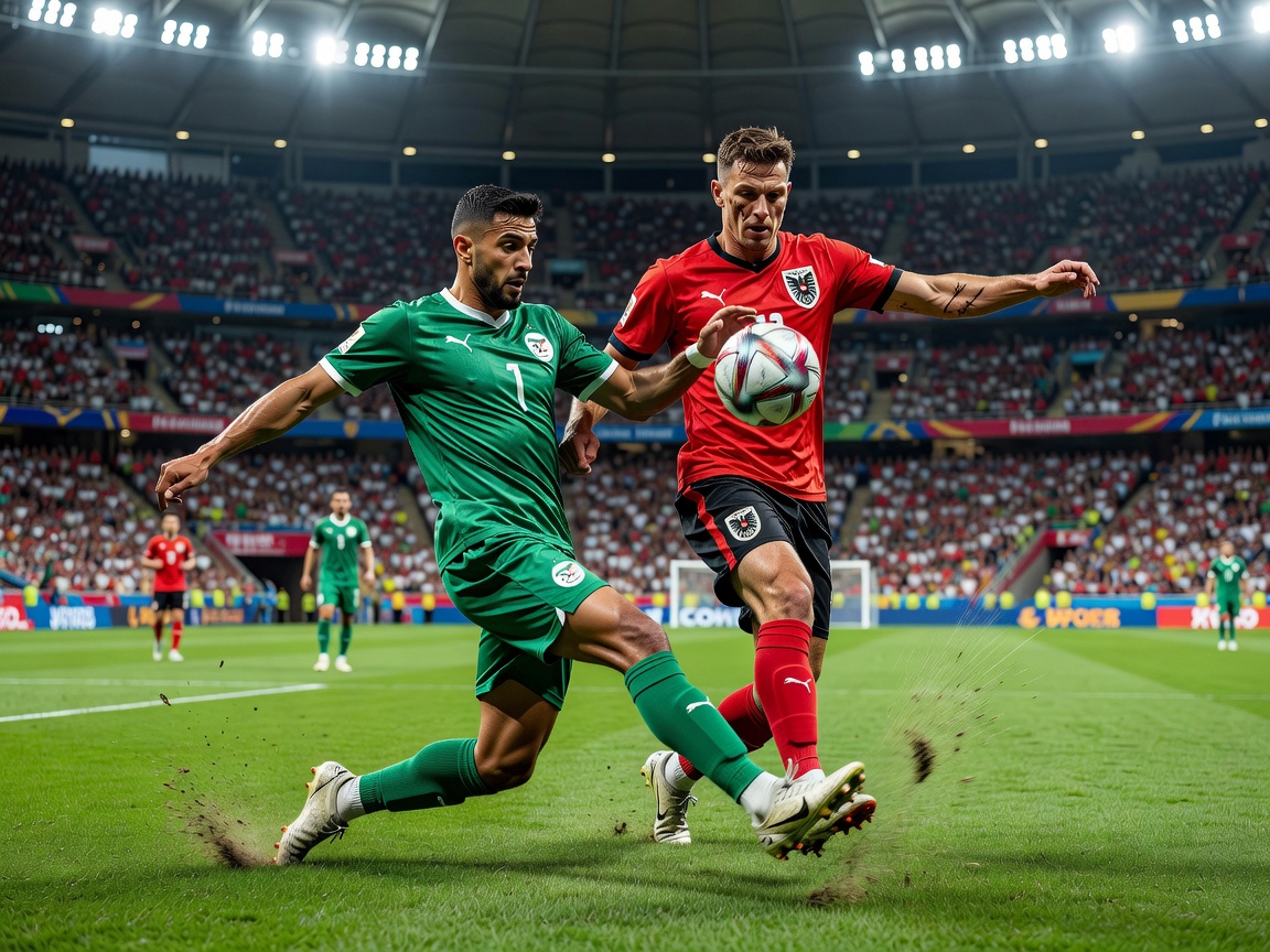 Football action between Algeria in green kits and Austria in red kits, dramatic challenge for the ball, packed stadium, realistic sports editorial image, premium World Cup look