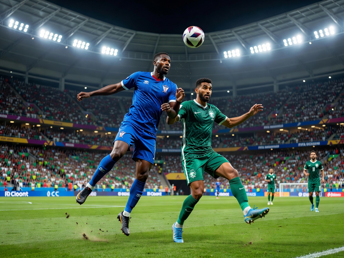 Professional international football match under bright stadium floodlights, Cabo Verde players in blue kits challenging Saudi Arabia players in green kits, packed modern stadium, dramatic action, realistic sports photography, FIFA World Cup atmosphere, ultra-detailed, high energy, editorial quality