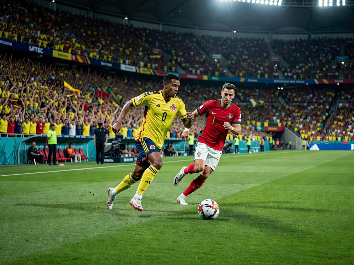 High-level football match featuring Colombia in yellow kits against Portugal in red and green kits, dynamic counterattack, vibrant stadium, realistic sports photography, premium football editorial style
