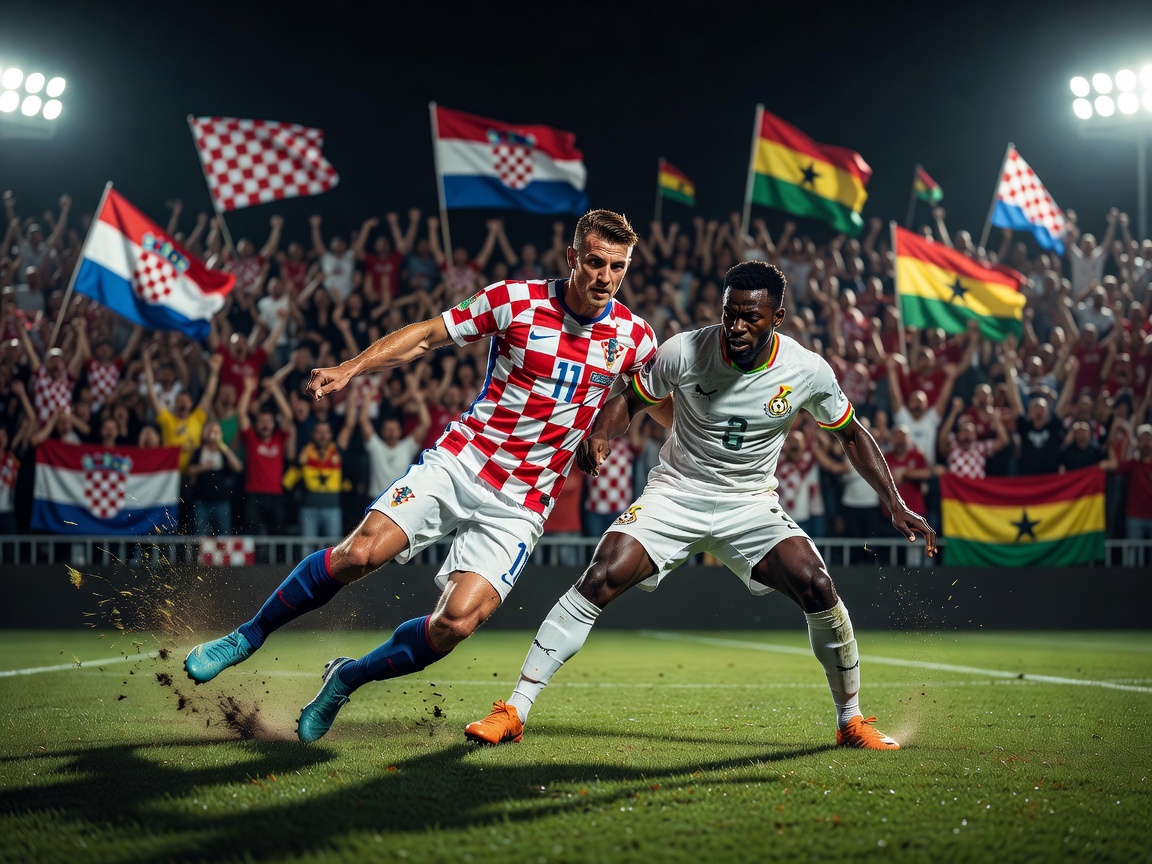 Croatia in red-and-white checkered kits versus Ghana in white kits, intense tackle during an international football match, stadium floodlights, energetic supporters, realistic editorial football photography