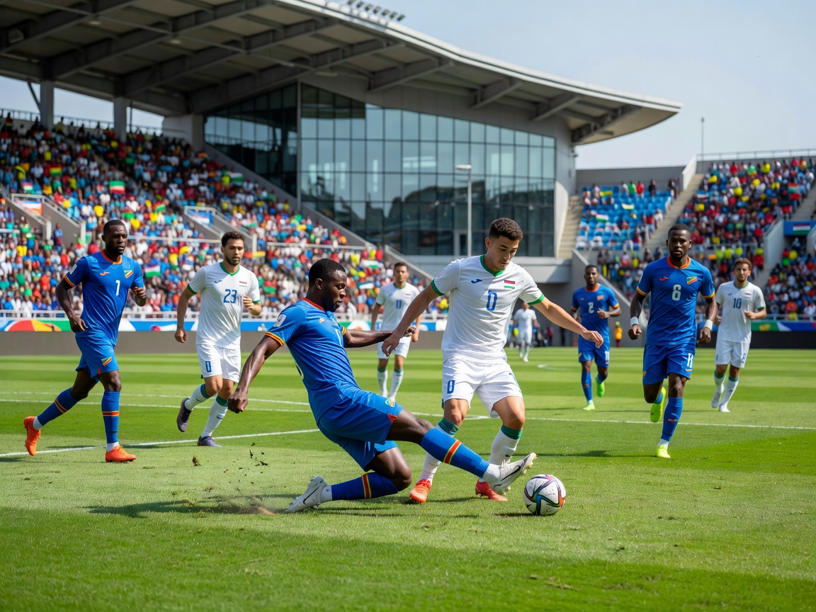 International football match with DR Congo in blue kits versus Uzbekistan in white kits, competitive midfield action, modern stadium, realistic football photography, tournament atmosphere