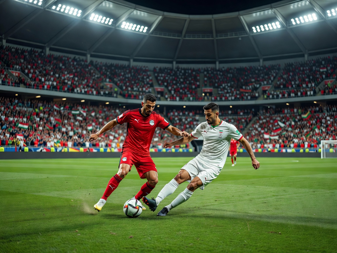 International football fixture with Egypt in red kits facing Iran in white kits, dramatic duel for possession, modern football stadium, vibrant crowd, realistic editorial sports image, World Cup style
