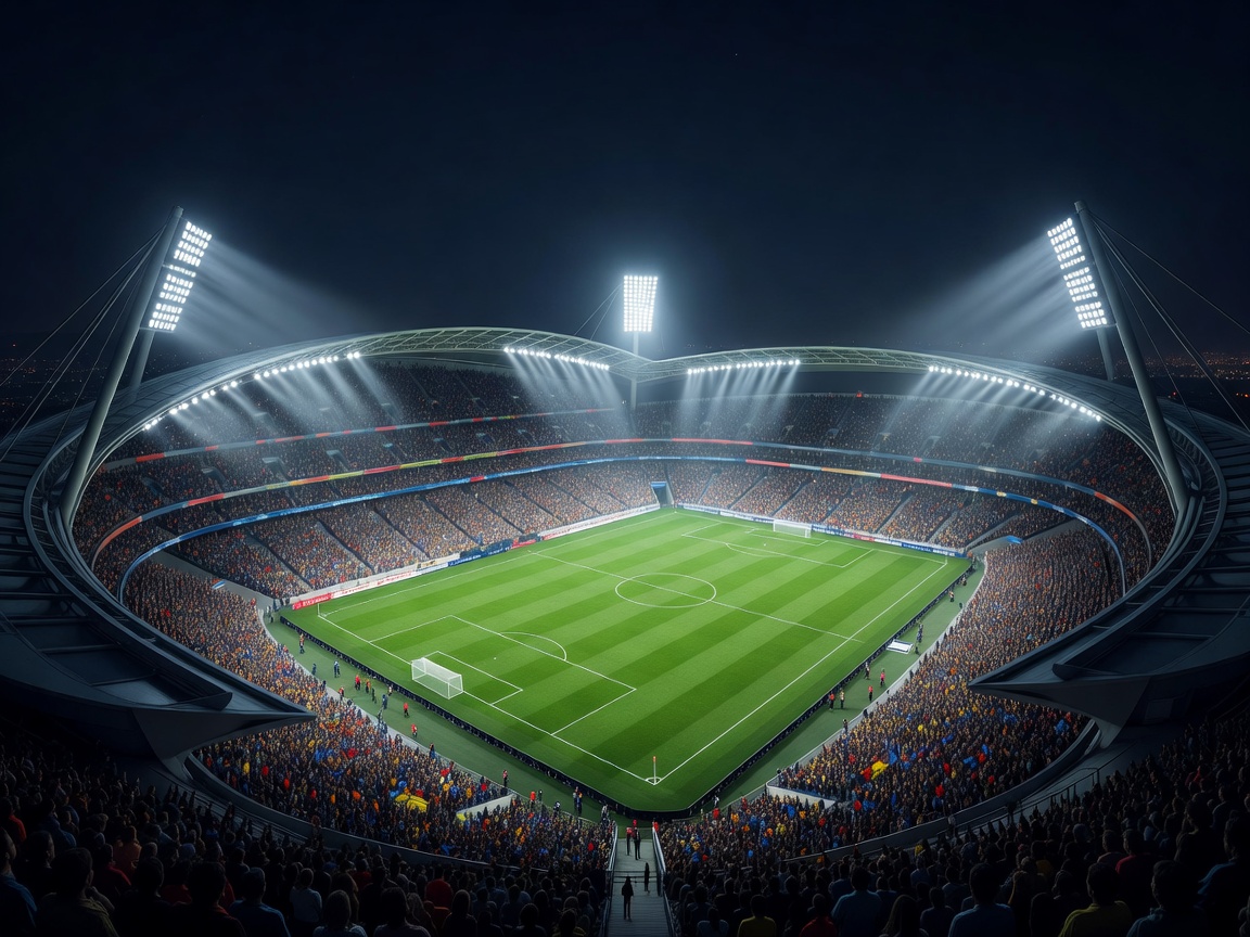 Spectacular wide view of a modern football stadium under bright floodlights, setting the atmosphere for matchday deciders