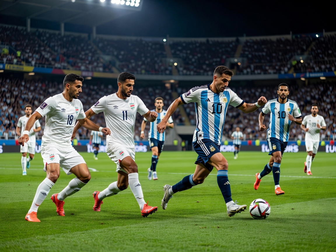International football match with Jordan in white kits facing Argentina in sky-blue striped kits, exciting attacking move, world-class stadium, realistic editorial football photography, dramatic match atmosphere