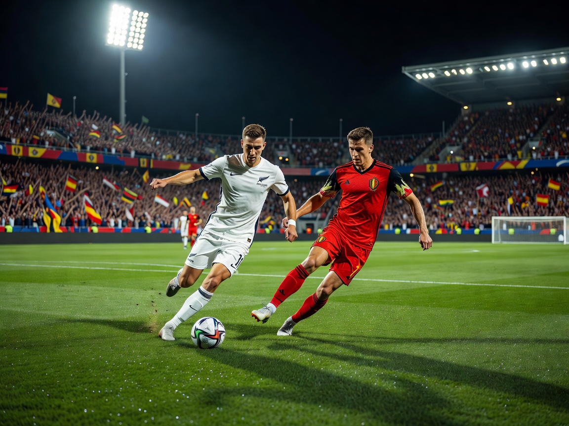 Competitive football action featuring New Zealand in white kits versus Belgium in red kits, fast-paced attack, lush green pitch, stadium lights, cheering supporters, realistic match photography, international tournament atmosphere