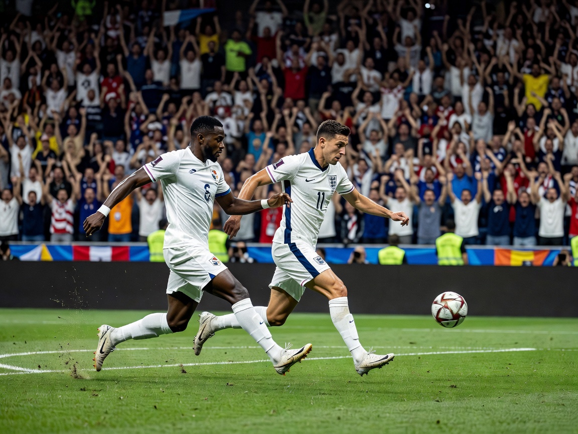 Football match between Panama in white kits and England in white kits with navy accents, exciting attack near the penalty area, packed crowd, premium sports photography, realistic World Cup atmosphere