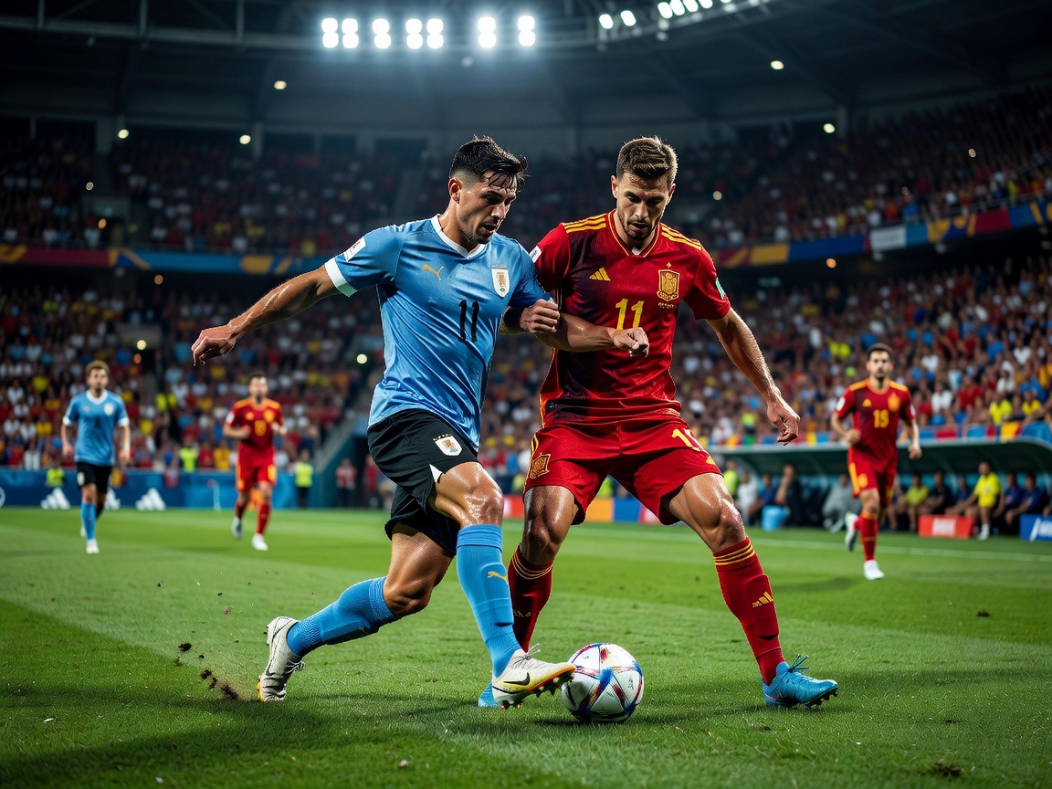 Elite football match between Uruguay in sky-blue kits and Spain in red kits, intense midfield battle, sold-out stadium, cinematic lighting, realistic sports photography, premium editorial football image, World Cup atmosphere